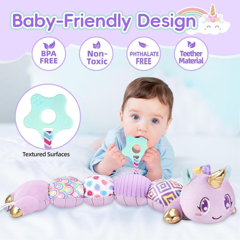 Lanbeby Unicorn Baby Toys 6-12 Months Infant Musical Stuffed Toys for Newborn Tummy Time Sensory Toys for Babies with Crinkle and Rattle 0-3-6-12 Months Old Baby Girl Must Have Christmas Gifts - Purple - Image 4